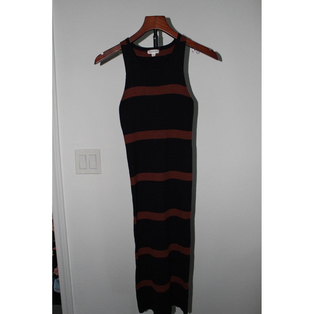 Endless Blu Women's Navy Rust Brown Striped Ribbed‎ Knit Maxi Dress Small